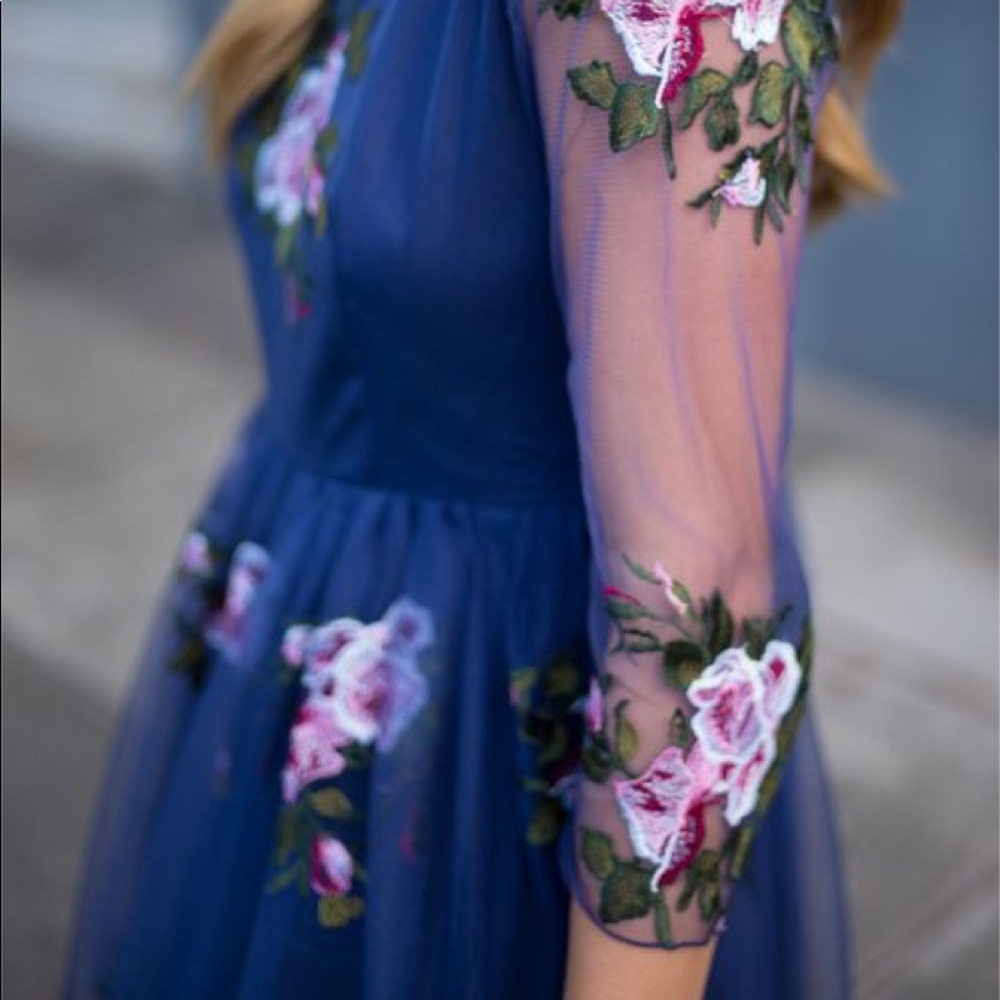 Chicwish navy blue mesh/embroidered roses illusion neckline/sleeve A-line dress